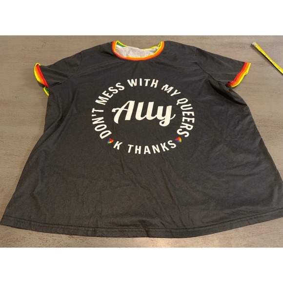 Unbranded Tops - Ally Pride Graphic T-Shirt Rainbow Trim LGBTQ Support Black Tee 2XL
